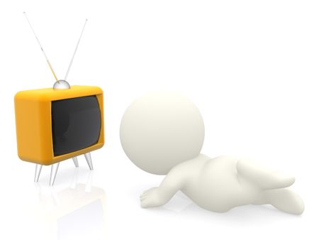 3D man watching tv on the floor isolated over a white background