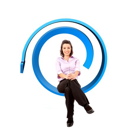 Friendly business woman sitting on a curve arrow over a white background