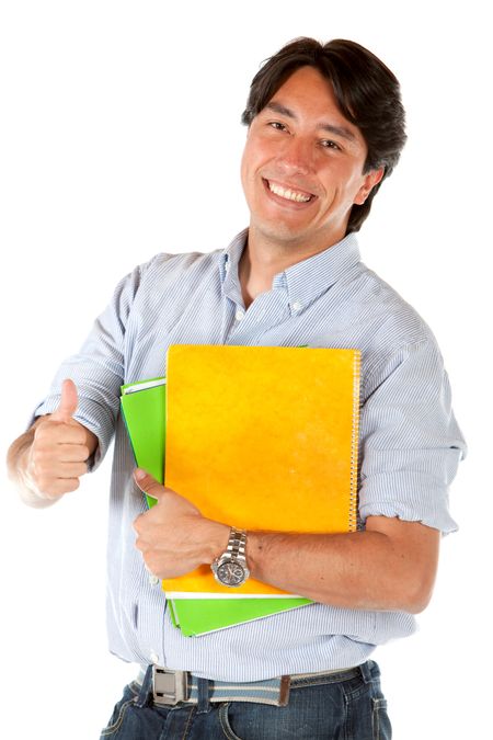 male student with thumb up isolated over a white background