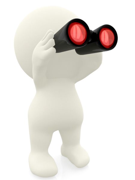 3D man searching for something using binoculars over a white background