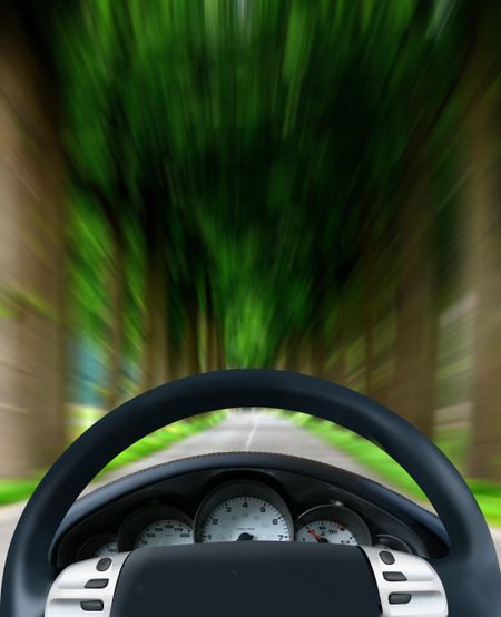 Steering wheel and dashboard of a car on a forest highway