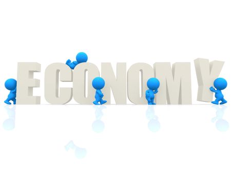3D man with word Economy isolated over a white background