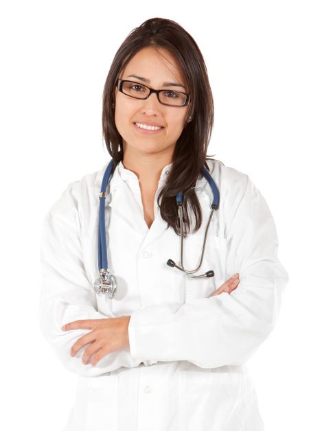 friendly female doctor smiling isolated over white