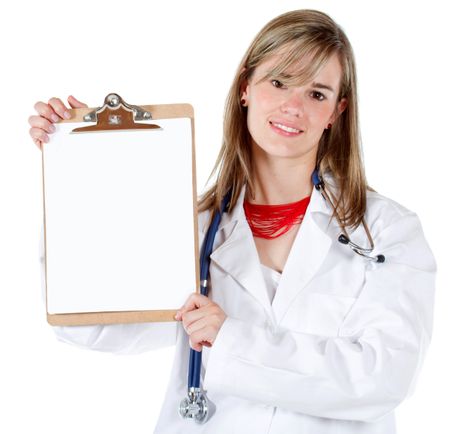 friendly female doctor displaying a blank sheet of paper isolated over a white background