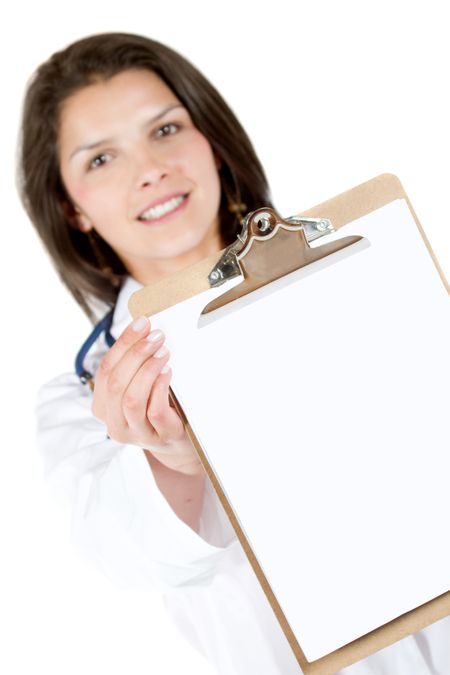 friendly female doctor displaying a blank sheet of paper isolated over a white background