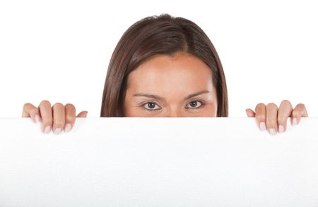 casual woman displaying a banner ad isolated over a white background