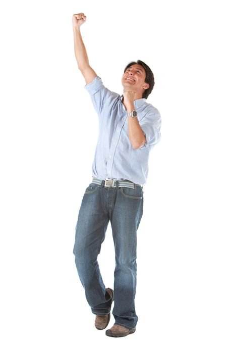 casual man smiling full of success with his arms up over a white background
