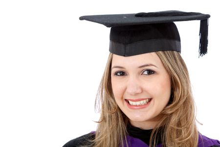 female graduation portrait smiling isolated over a white background