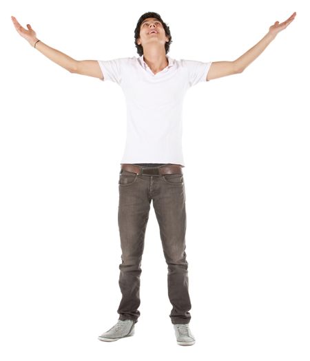 casual man smiling full of success with his arms up over a white background