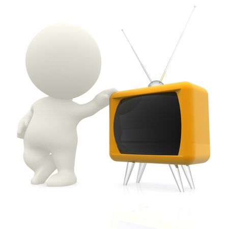 3D man with hand on a TV  isolated over white