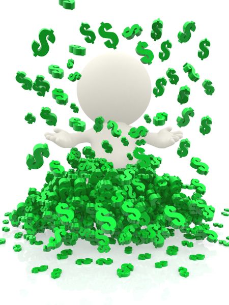 3D man under a money rain isolated over white