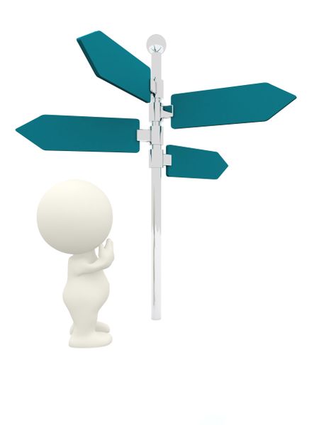 3D person next to a direction sign wondering which way to go