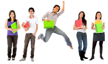 Group of college students with notebooks - isolated over white