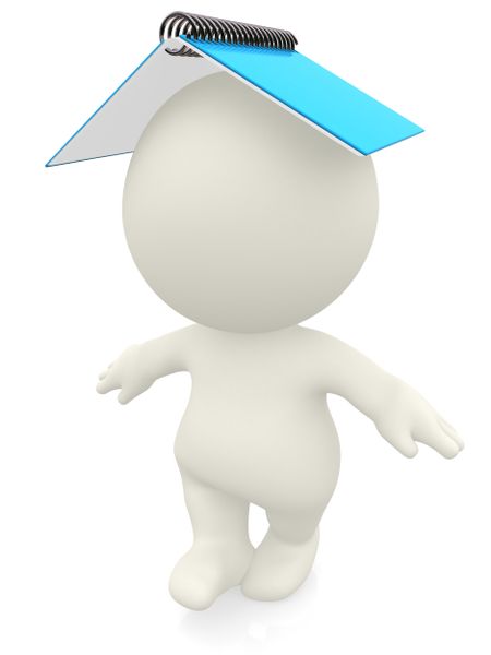 3D person keeping balance with a notebook - isolated over white