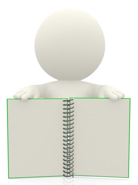 3D Person displaying a notebook isolated over a white background