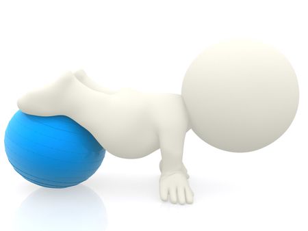 3D person exercising on a pilates ball isolated over a white background