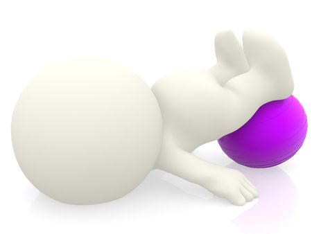 3D person exercising on a pilates ball isolated over a white background