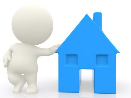 3D person with a blue house isolated over a white background