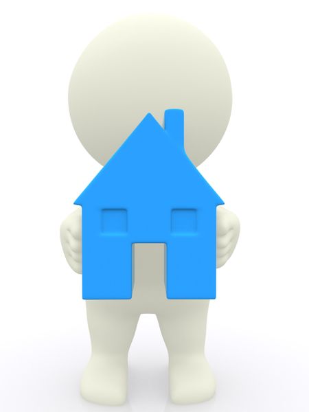 3D person holding a blue house isolated over a white background