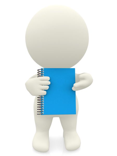 3D person holding a notebook isolated over a white background