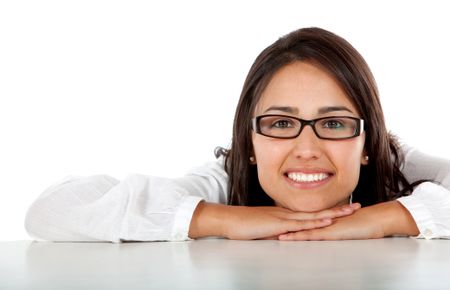 Woman wearing eyeglasses and smiling - isolated over white