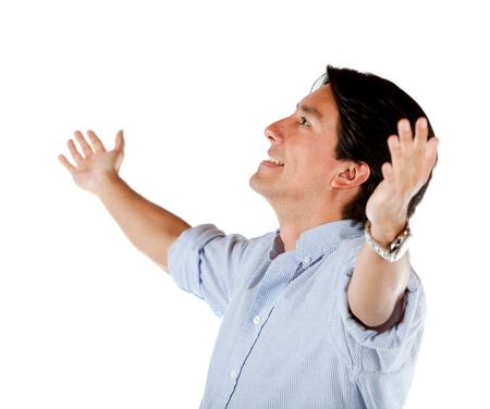 Man with arms opened looking up isolated over a white background