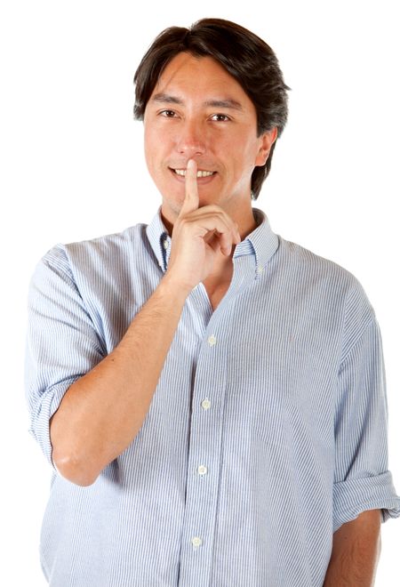 Man making a keep it quiet sign with his hand - isolated over white