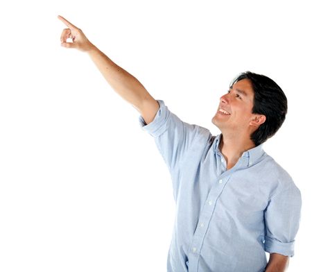 Man pointing at something isolated over a white background