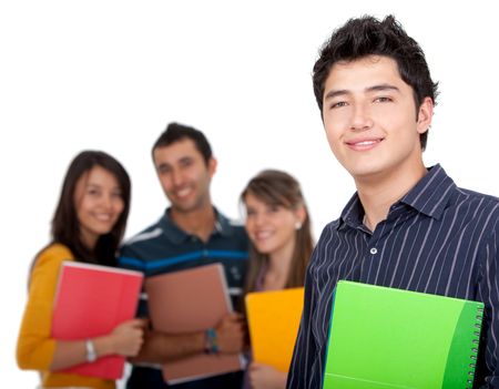 Group of student with notebooks isolated over a white background
