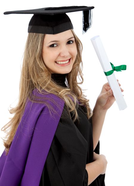 Graduation woman holding her diploma isolated