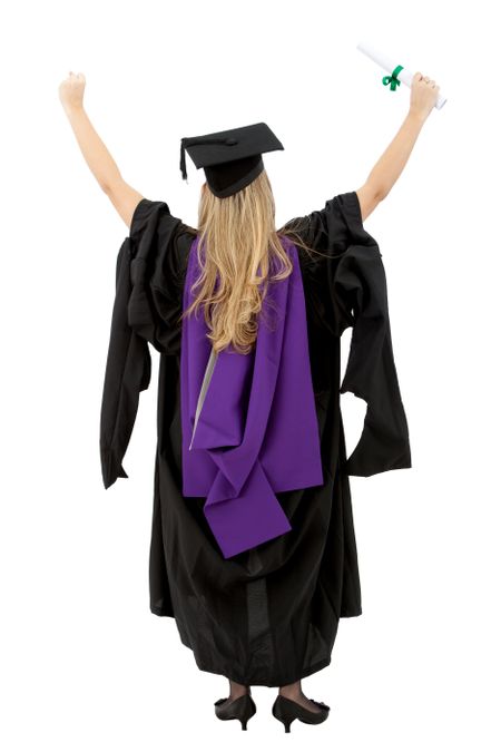 Graduation woman holding her diploma up isolated