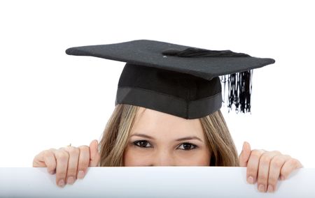 Graduation woman with a banner isolated over a white background