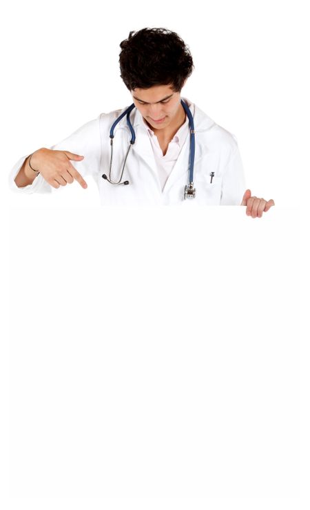 Male doctor pointing at a banner isolated over a white background