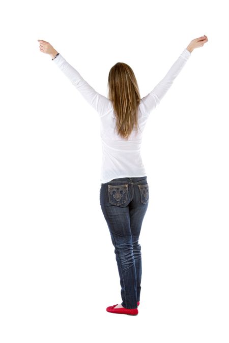 happy girl with arms up isolated over a white background
