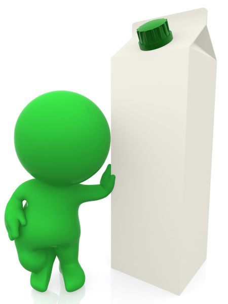 3D man leaning on a milk carton - isolated over white
