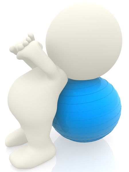 3D person doing pilates exercises with a ball isolated over white