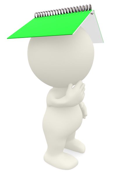 3D person with notebook on the head - isolated over white