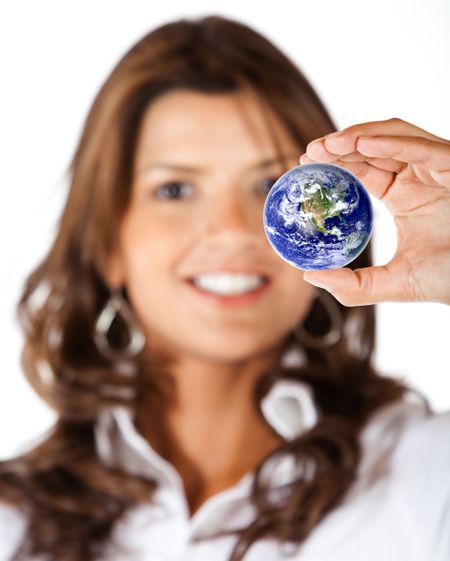 Business woman with the world in her hands isolated over a white background