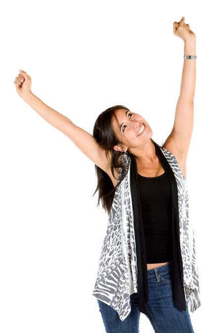 Excited woman with arms up isolated over a white background