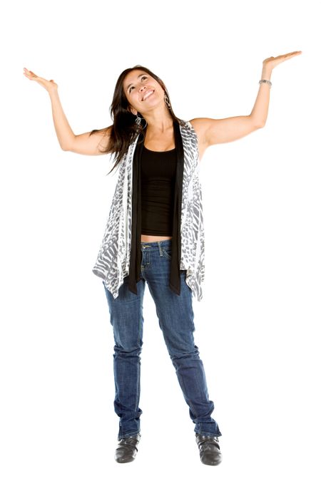 Woman lifting an imaginary object isolated over a white background