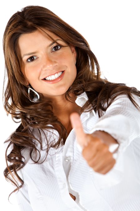 Business woman with thumbs-up isolated over a white background