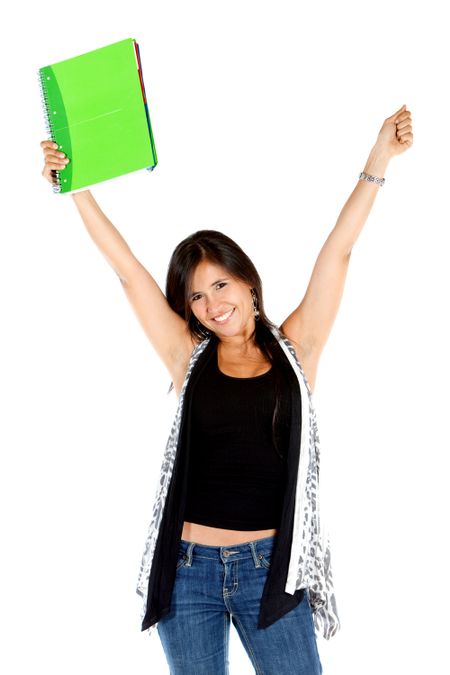 Excited female student isolated over a white background