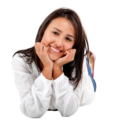 beautiful-girl-lying-floor-isolated-white-49116643 Beautiful girl lying on the floor isolated over a white background