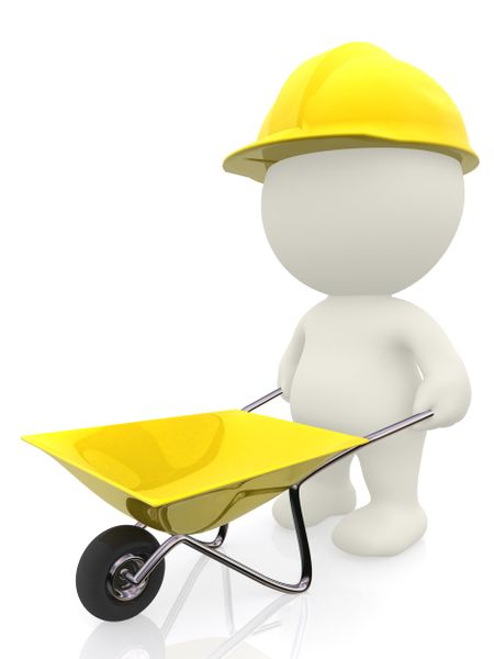 3D construction worker with a wheelbarrow - isolated over a white background