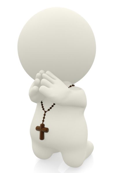 3D person on his knees praying wearing a rosary - isolated over a white background