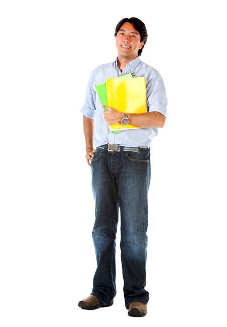 male student standing with notebooks over a white background