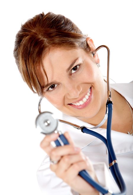 Beautiful female doctor smiling isolated over a white background