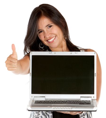 Woman with laptop and thumbs up isolated over a white background