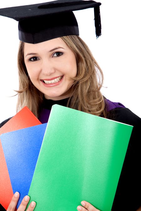 female graduation portrait smiling and holding folders isolated over a white background