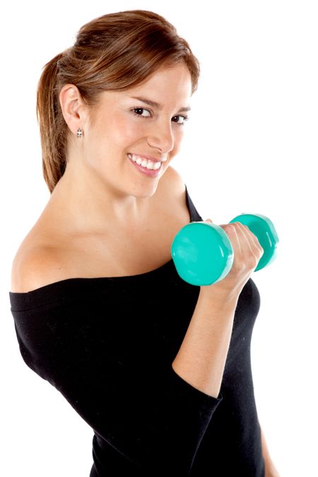 Woman lifting a free weight isolated over a white background